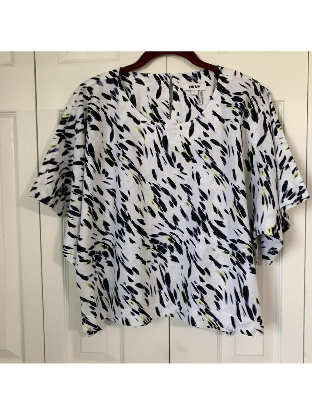 DKNY Women's Large Short Sleeve Linen Viscose Blouse Top